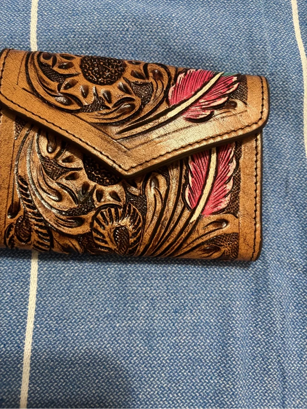 Hand-Tooled Floral Leather Wallet with Pink Accent